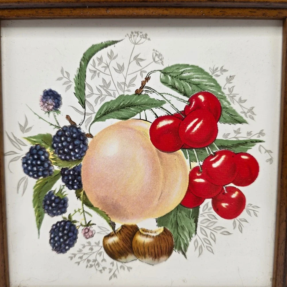 Vintage Framed Fruit Ceramic Tile Art Brown Wood Square Kitchen Still Life Decor